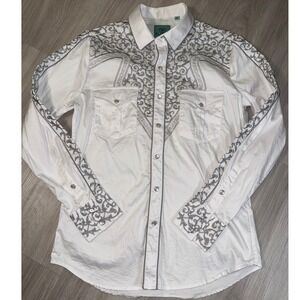 Platini Jeans Mens White Western Pearl Snap Shirt Grey Embroidery Size Medium